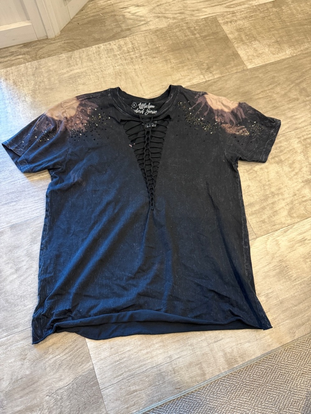 Affliction Black Short-Sleeve Tee with Washed Brown Shoulder Accents